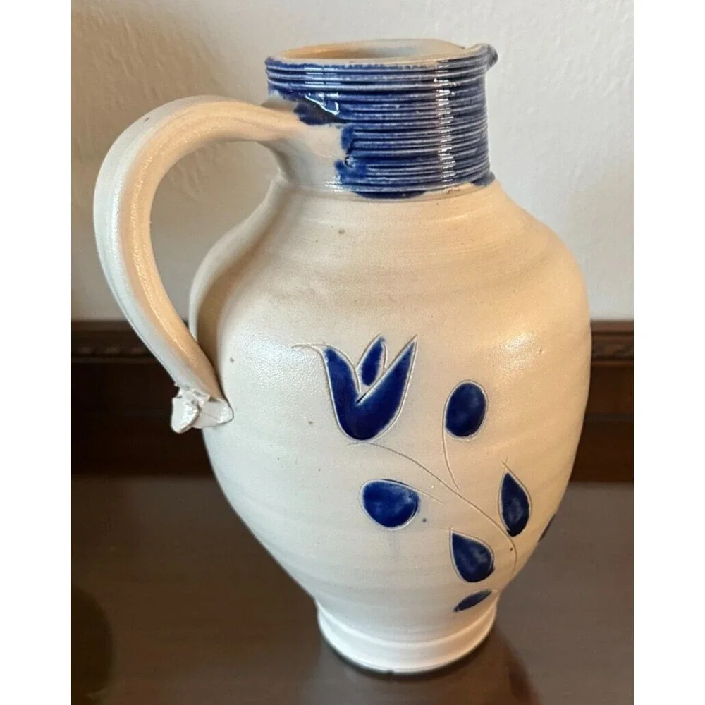 Unmarked Stoneware Salt Glaze Blue Floral & Striped 10.5